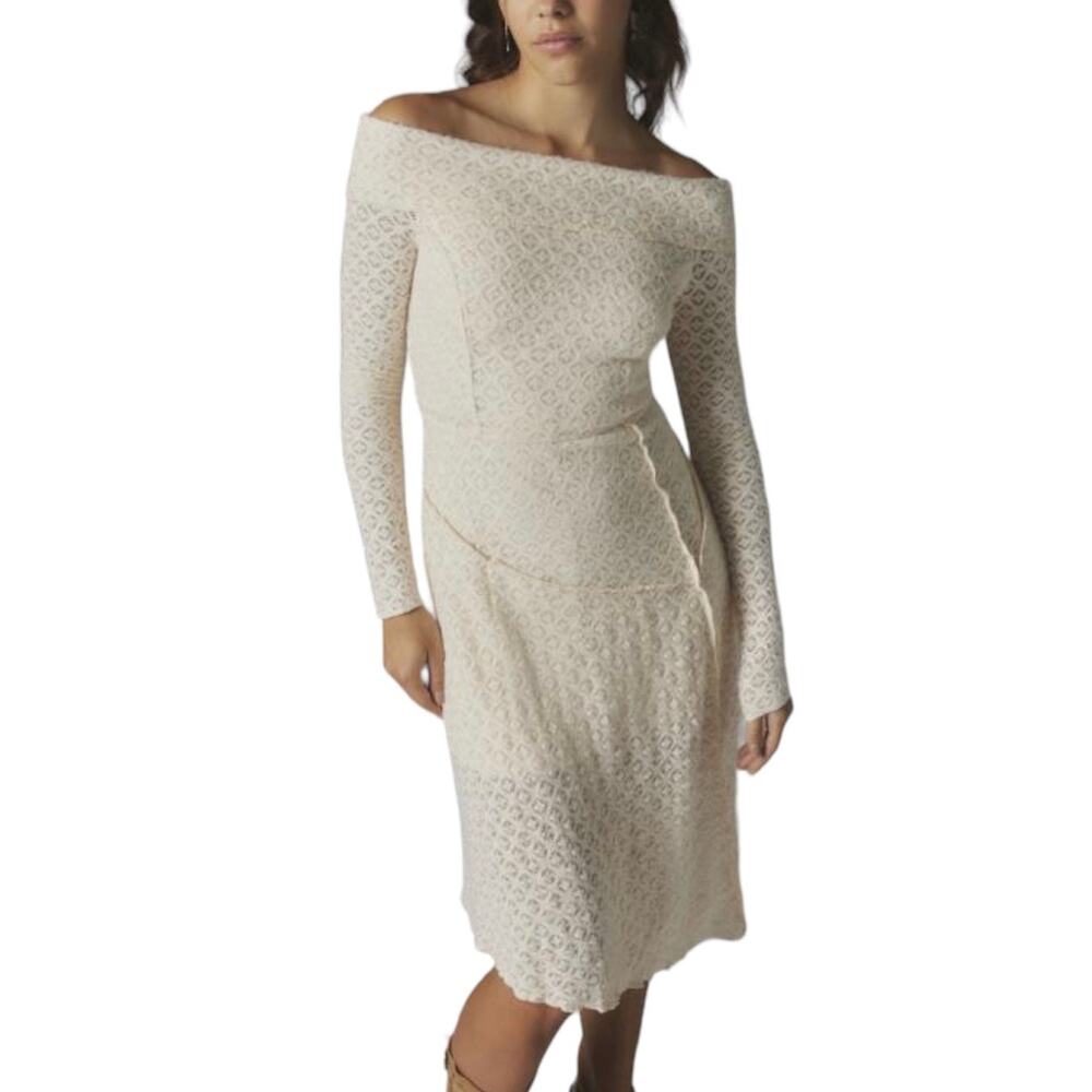 Urban Outfitters Yaya White Lace Asymmetrical Off-The-Shoulder Midi Dress Medium